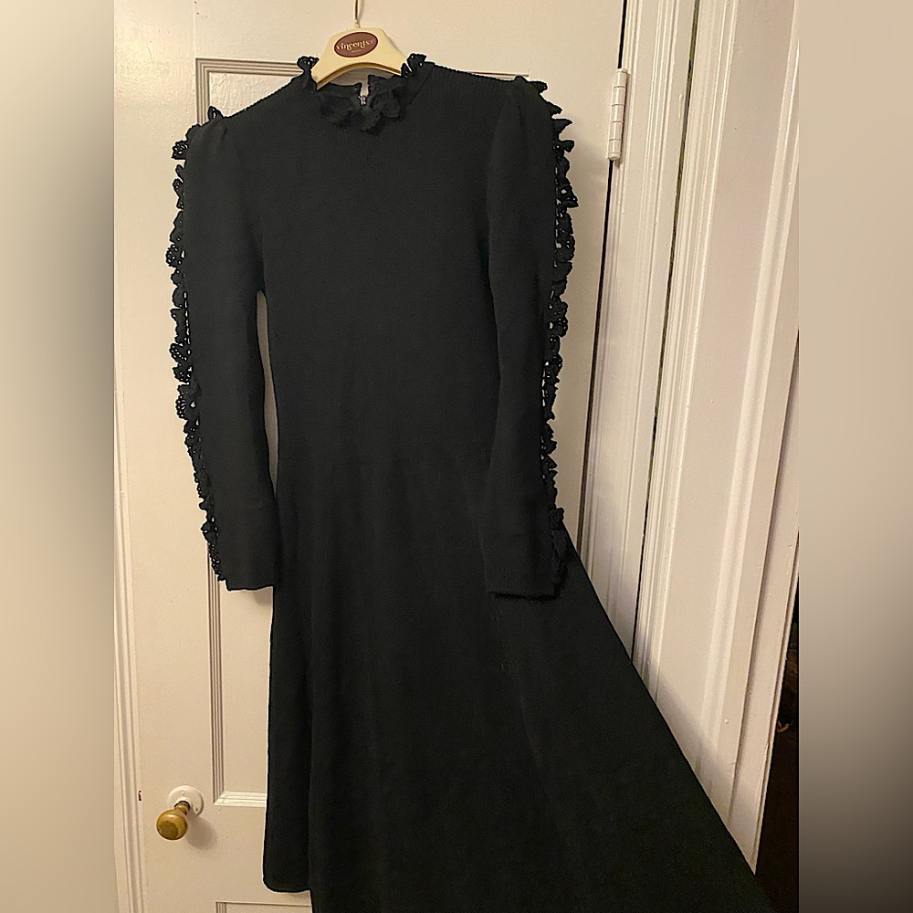Vintage St. John by Marie Gray black long sleeved knit dress with crocheted trim
